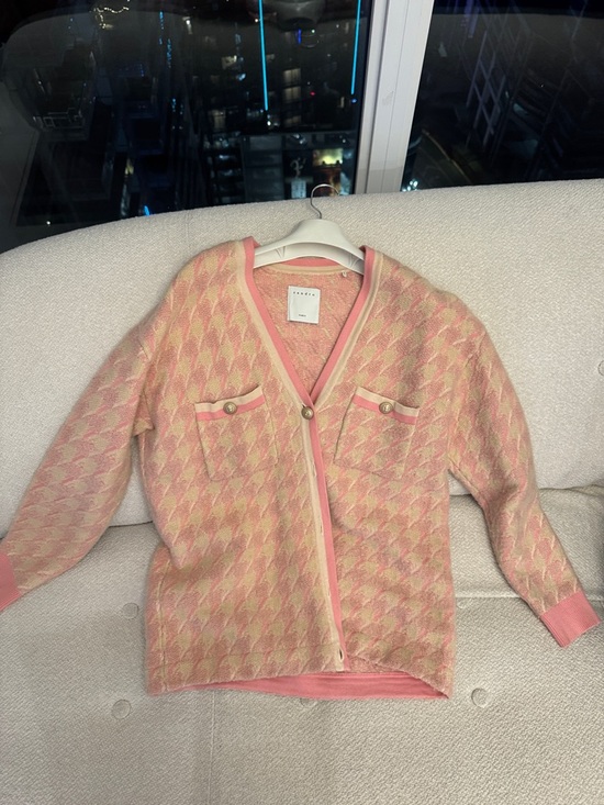 Sandro Paris Sweaters - Women's Pink Patterned V-Neck Cardigan with Pocket Detail